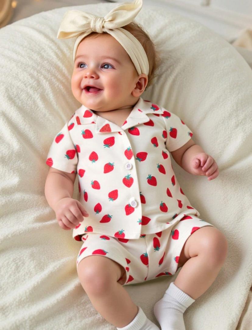 New Born Strawberry Print Lapel Collar Short Sleeve Shirt & Elastic Waist Pants Set | 0M - 3M