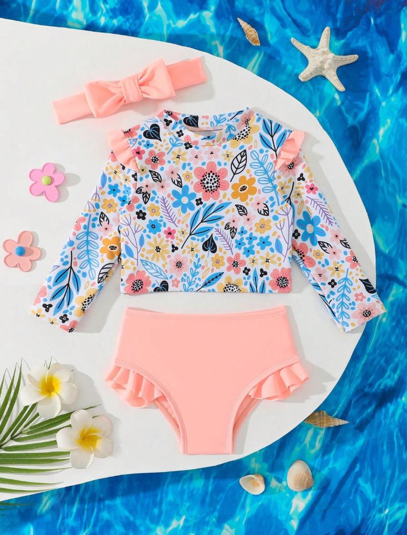 Baby Girls Floral Print Ruffle Swimsuit Set With Headband | 6M - 3Y