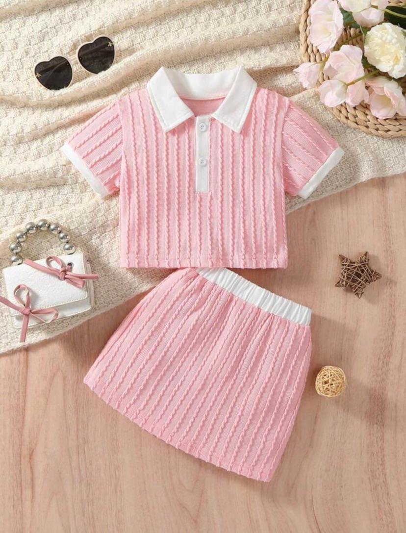 Baby Girls Polo Collar Knitted Texture Flower Decor Top & Drawstring Skirt Set | 3M - 3Y