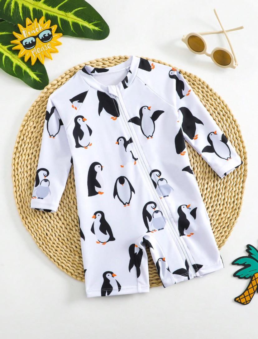 Baby Boys Penguins Printed White One-Piece Swimsuit | 6M - 24M
