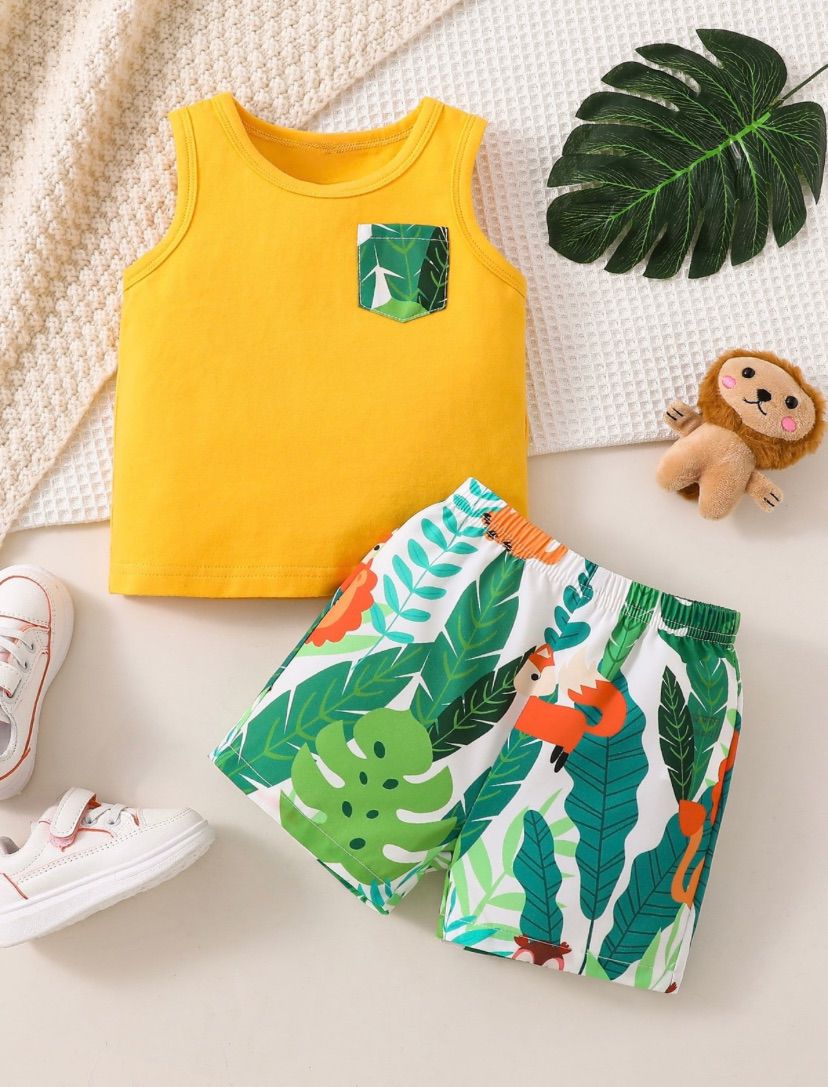 Baby Boys Tropical Print Patched Pocket Tank Top & Shorts Set | 6M - 3Y