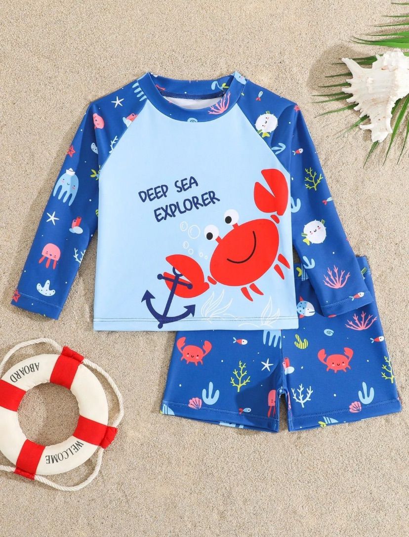 Baby Boys Crab Printed Long Sleeve Swim Top & Short Set | 6M - 3Y