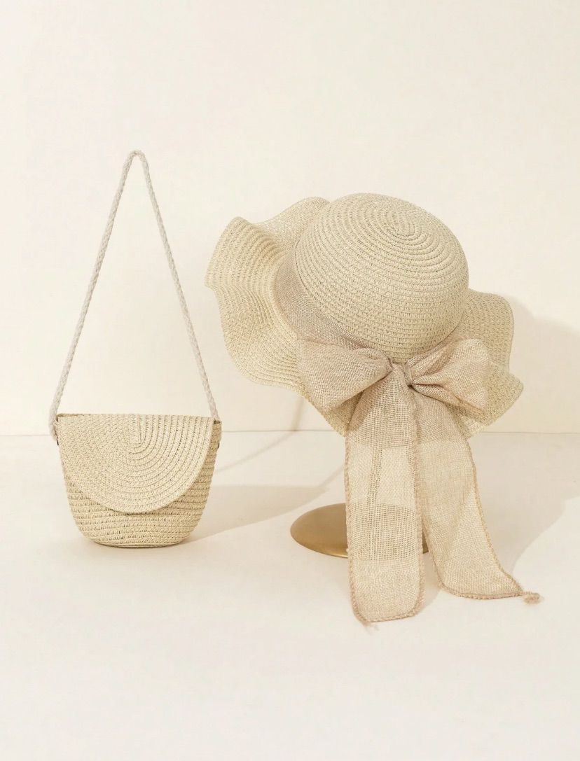 White Khaki Flap Crossbody Straw Bag & Bow Straw Hat