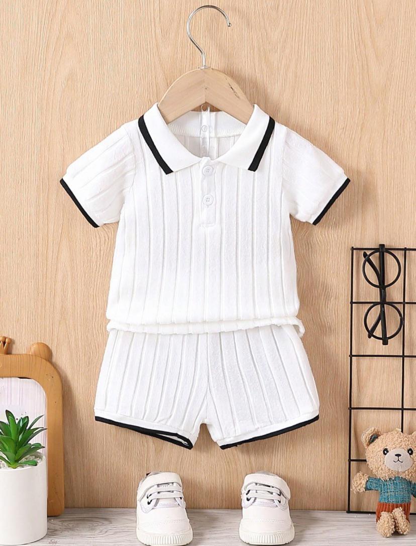 Baby Boys Front Opening Collar With Black Threaded Stripes Short Sleeved Top | 6M - 3Y