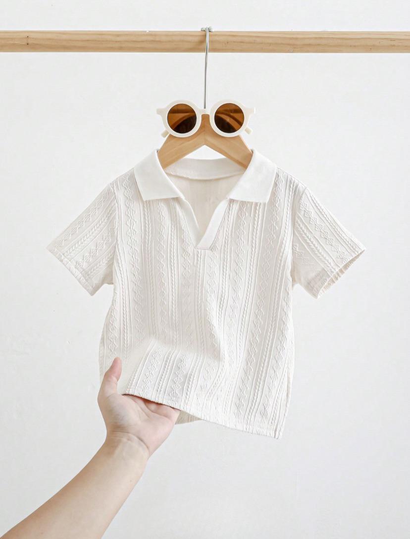 Baby Boys White Colorblock Geometric Jacquard Collar Short Sleeve Half Placket Shirt | 6M - 3Y