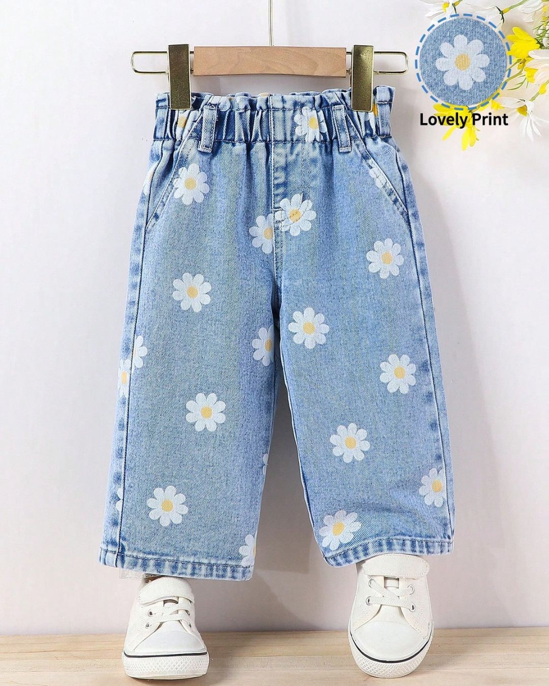 Casual Urban Light Wash With Floral Print Wide Leg Jeans | 6M - 3Y