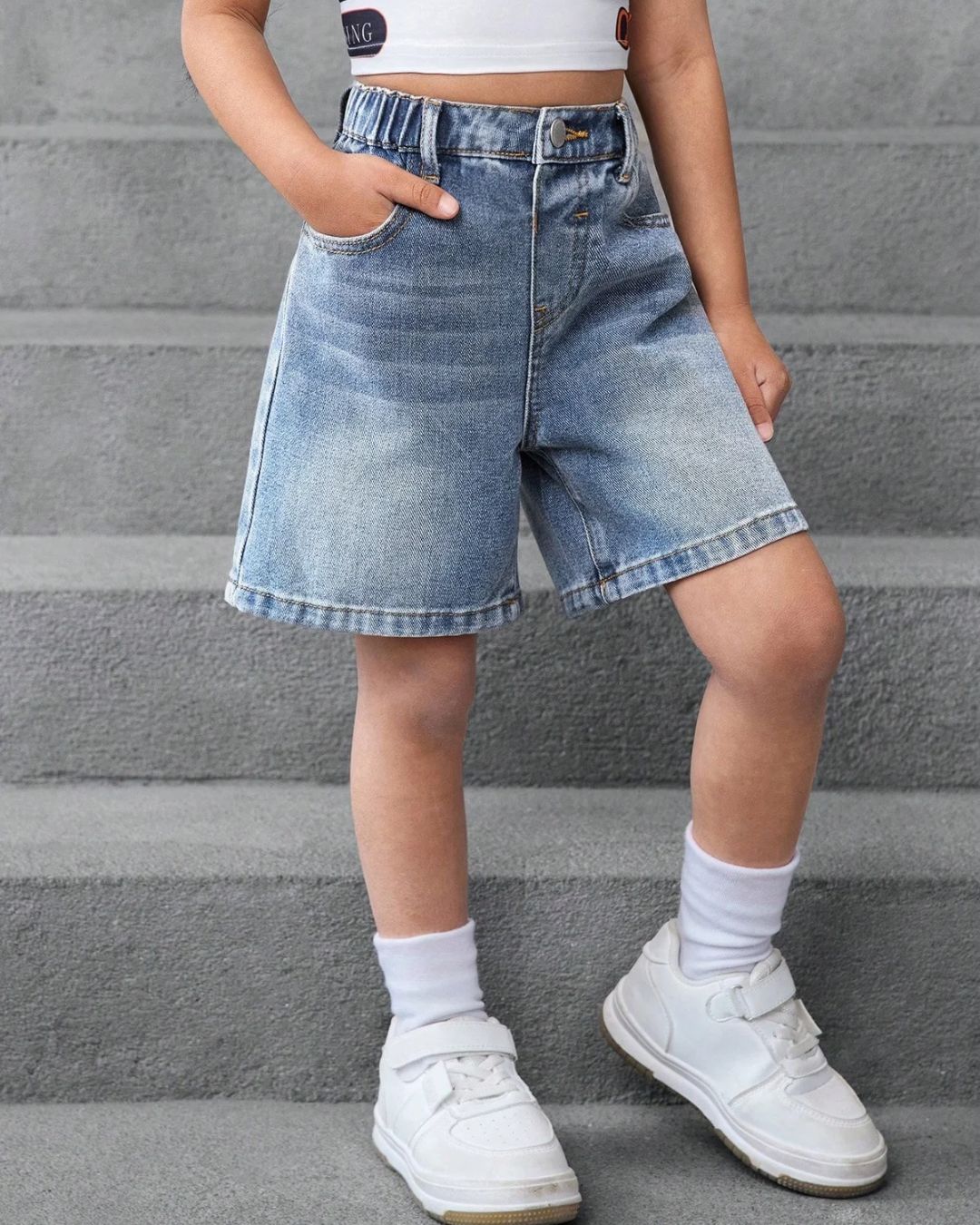 Young Girls Y2K Pockets Loose Casual Retro Blue Denim Shorts | 4Y - 7Y