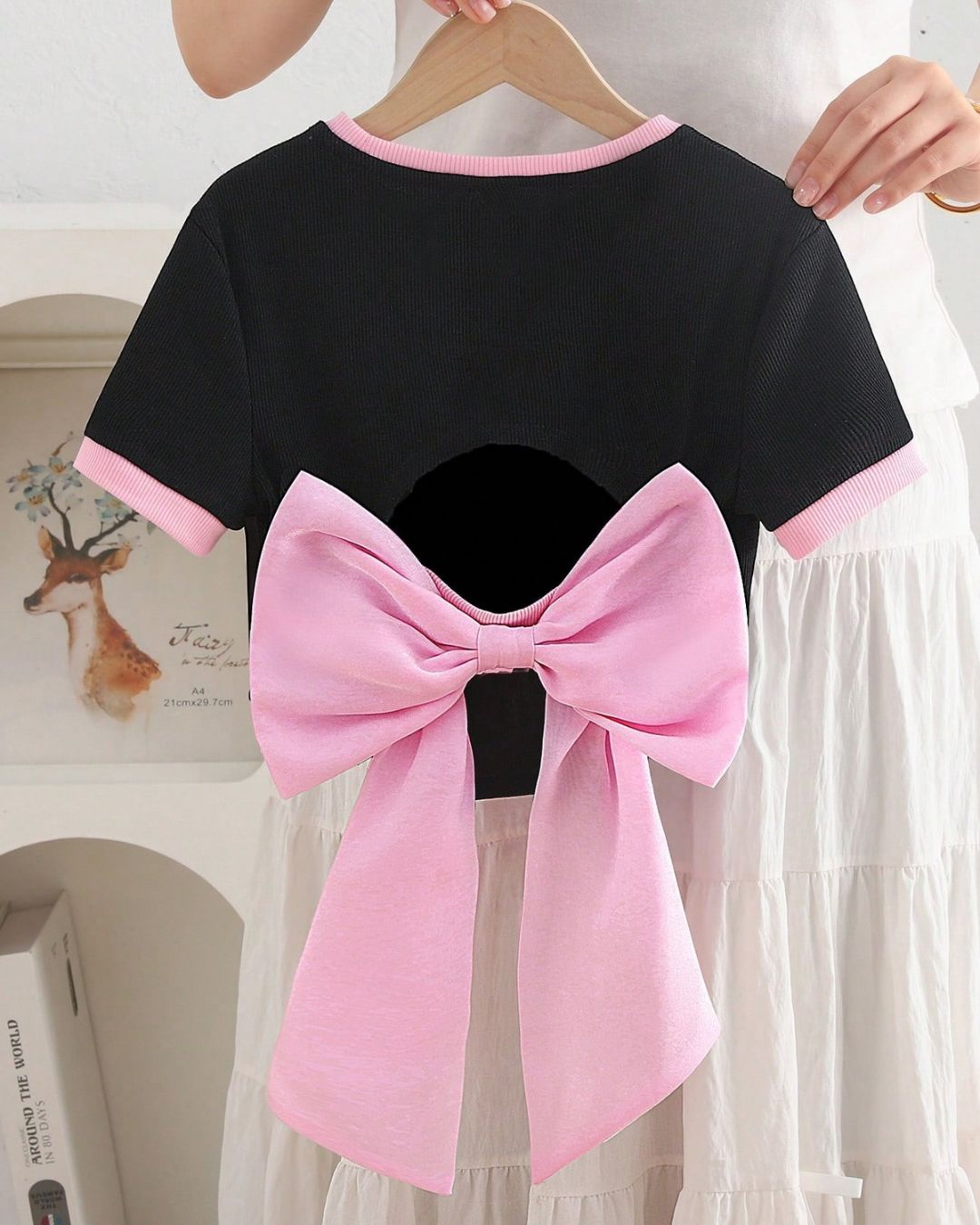 Young Girls Knitted Splicing Fitted & Backless O-Ring Decor With Large Bow Top | 4Y - 7Y