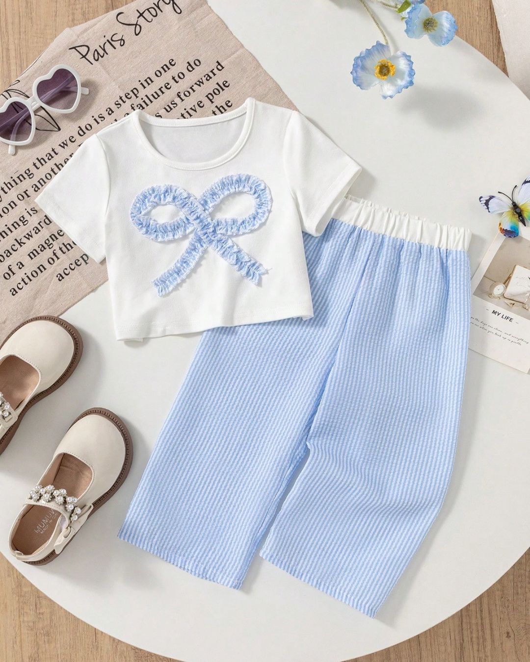 Baby Girls Blue Bow Top & Casual Pant Set | 3M - 3Y