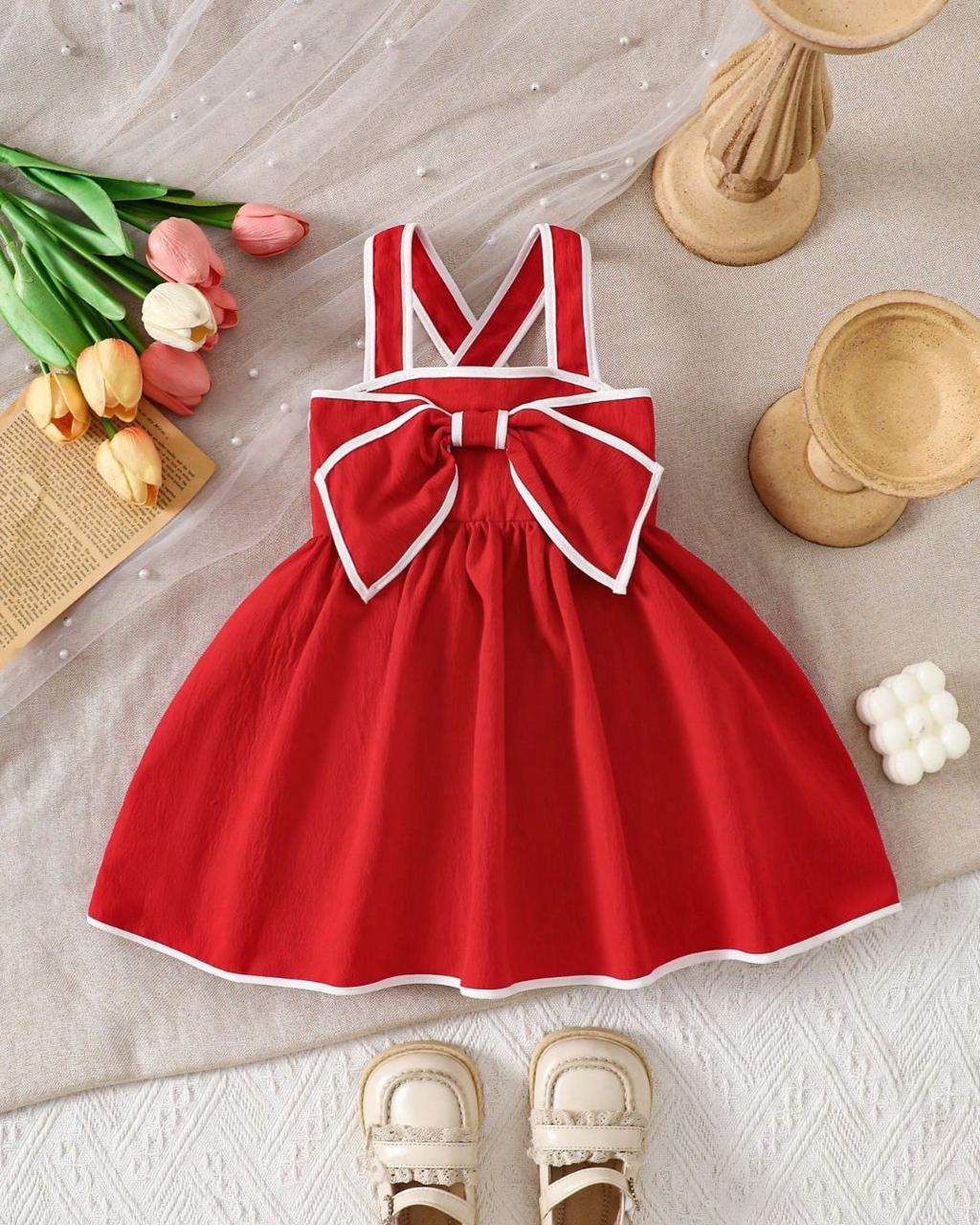 Baby Girls Elegant Textured Fabric Contrast Bow Dress | 3M - 3Y