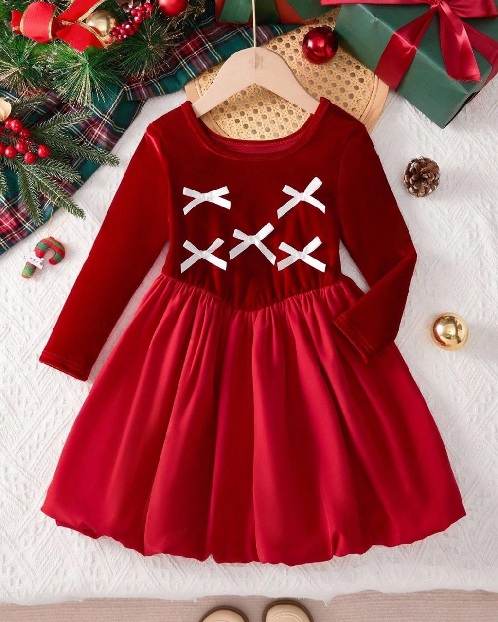 Young Girls Bows Knitted Long Sleeve Christmas Dress | 4Y - 7Y