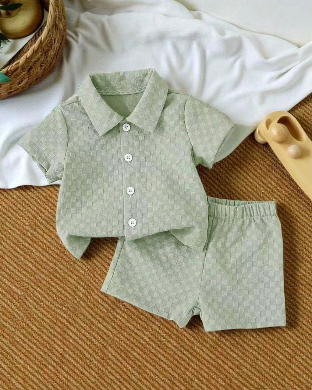 Baby Boys Light Green Textured Short-Sleeve Shirt & Shorts Set | 9M - 18M