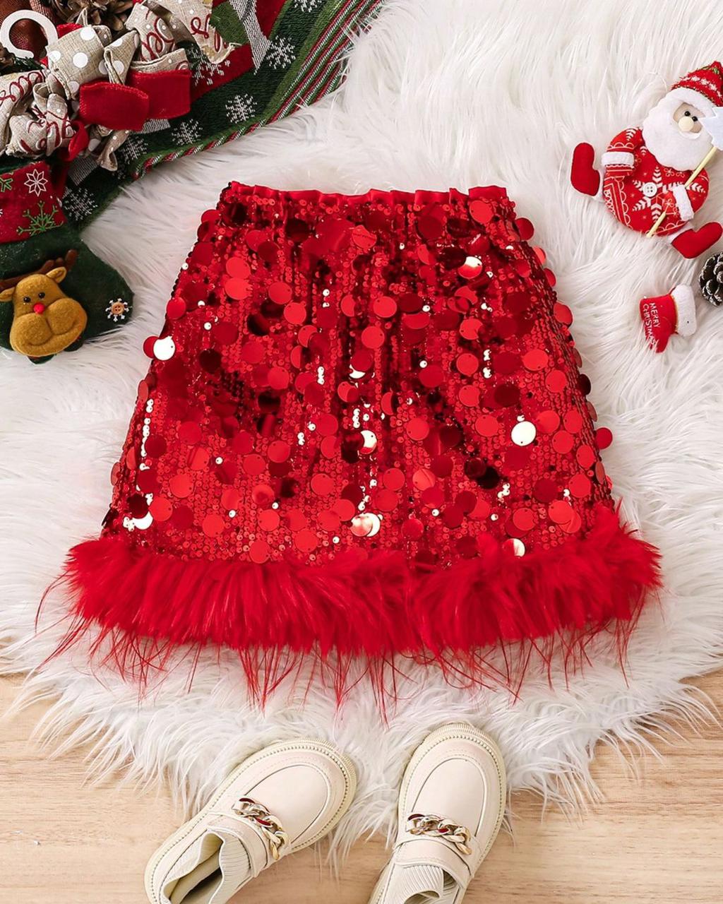 Young Girls Red Sequins Fringe Skirt | 6Y - 7Y