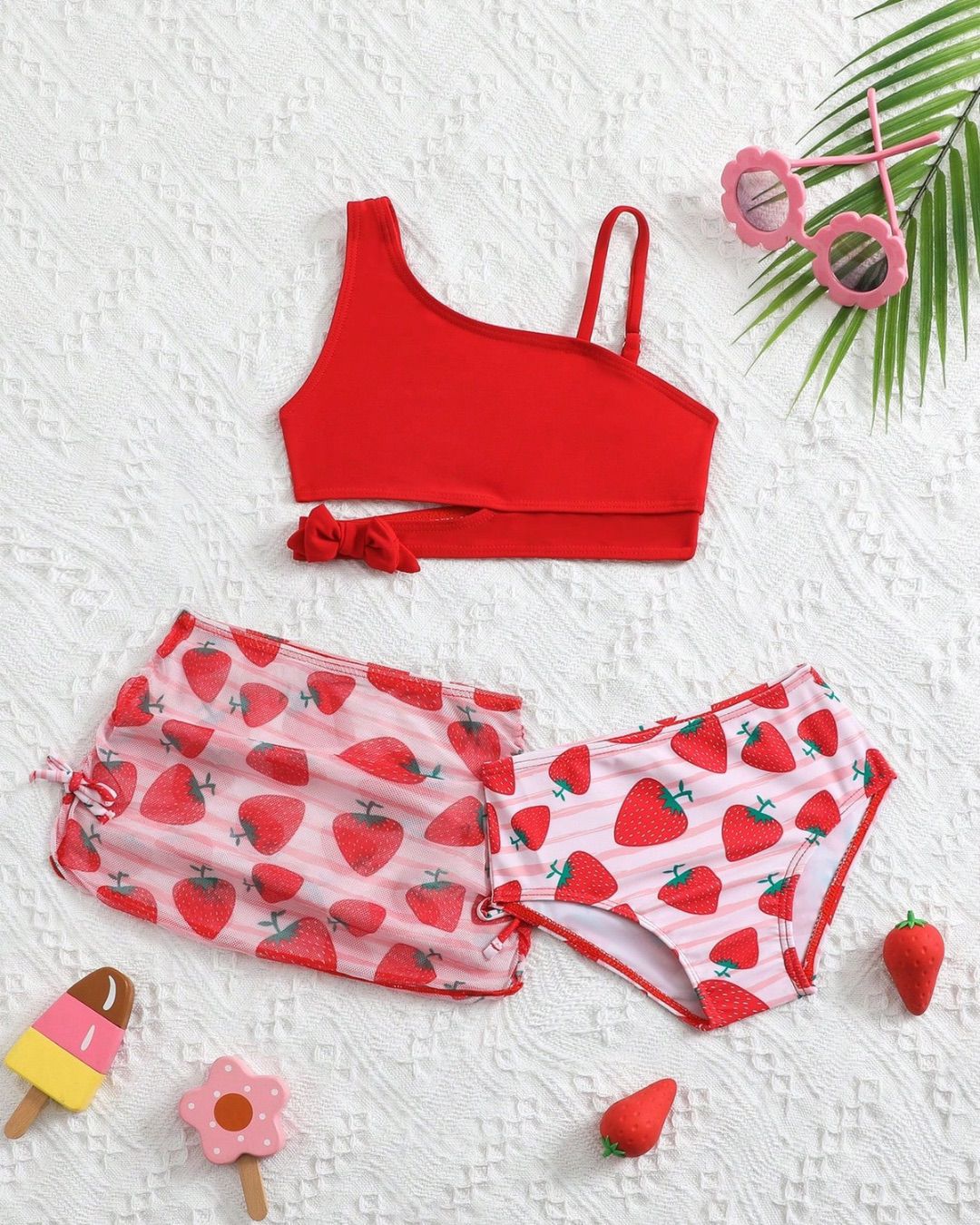 Baby Girls Strawberry Print Halter Swimsuit Set With Cover-Up Skirt | 6M - 3Y