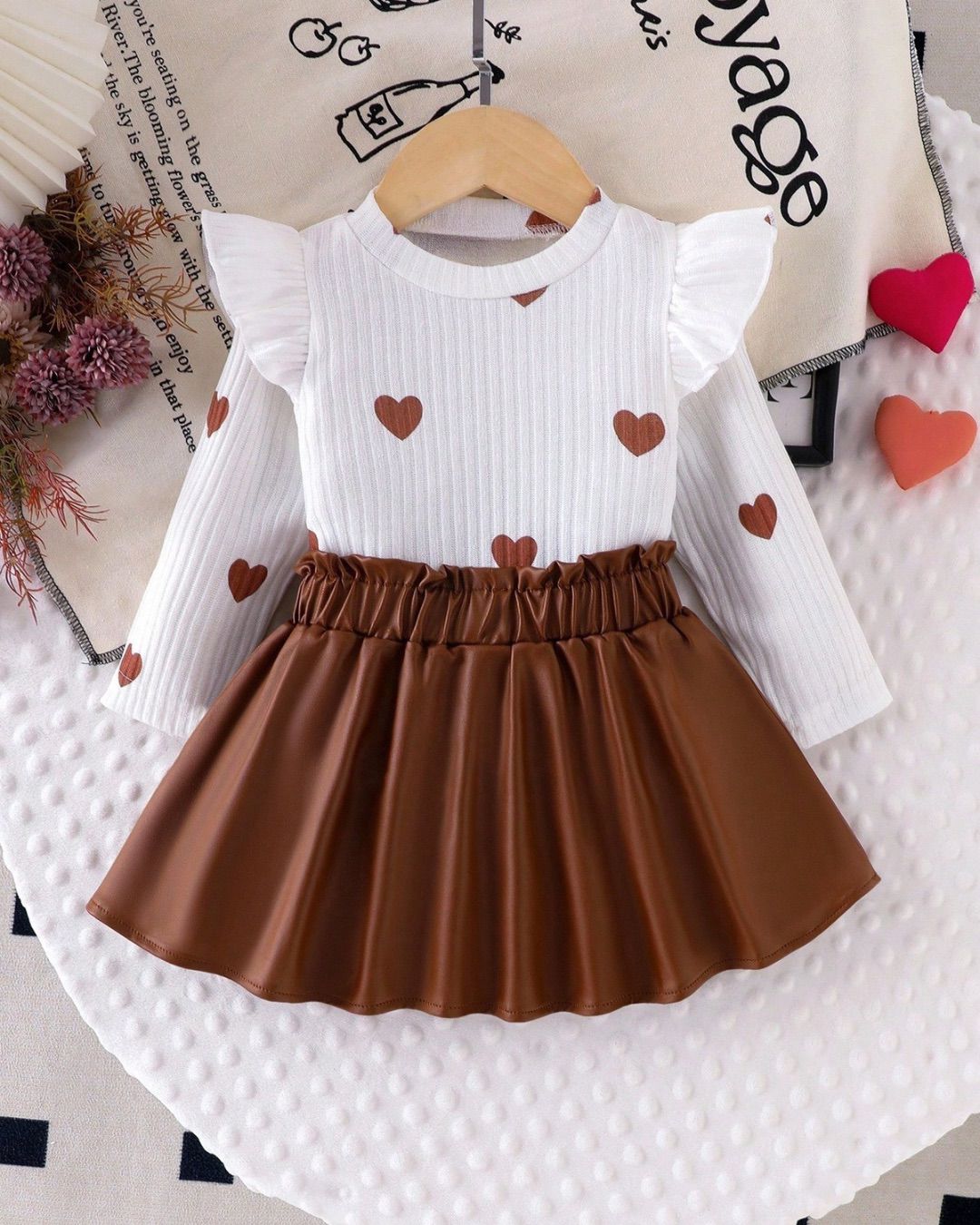 Baby Girls Heart Printed Long Sleeve Top & Brown Skirt | 6M - 3Y