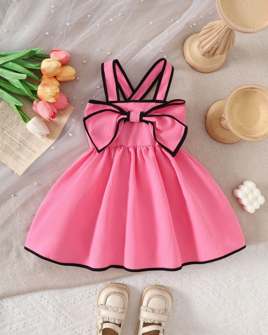 Baby Girls Elegant Textured Fabric Contrast Bow Dress | 3M - 3Y