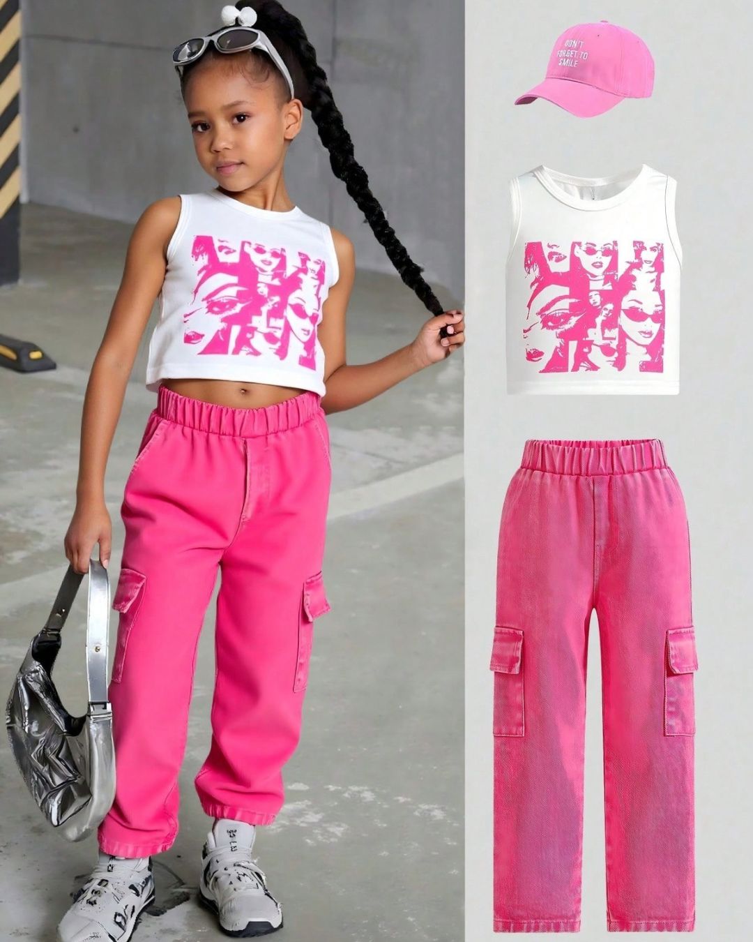 Young Girls White Printed Tee & Hot Pink Denim | 4Y - 7Y