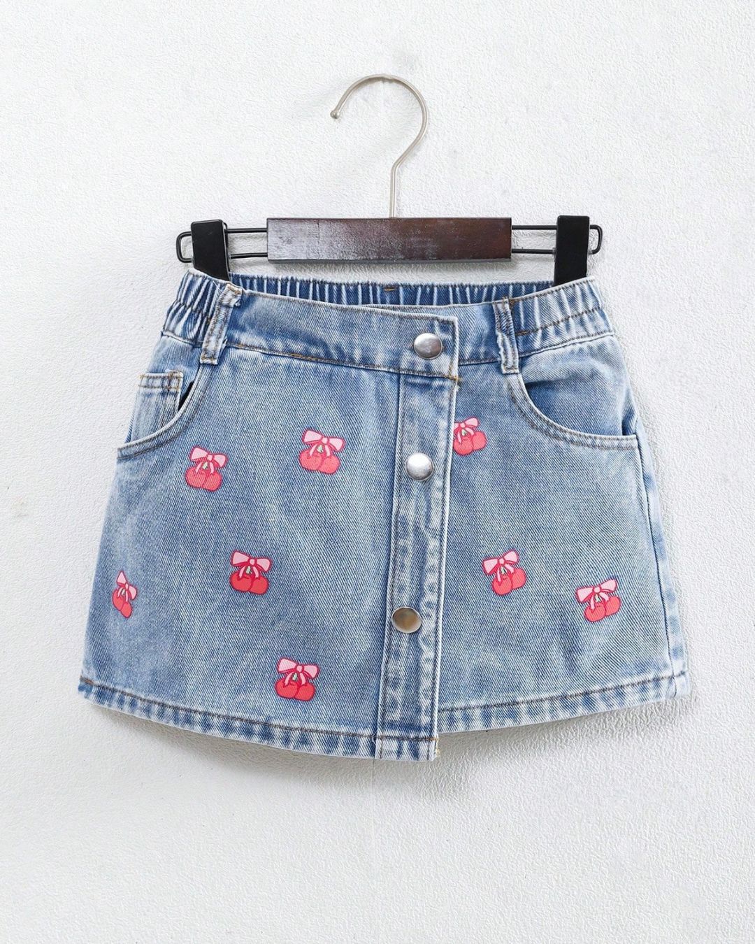 Young Girls Pink Cherries Embroidered Denim Skirt | 4Y - 7Y