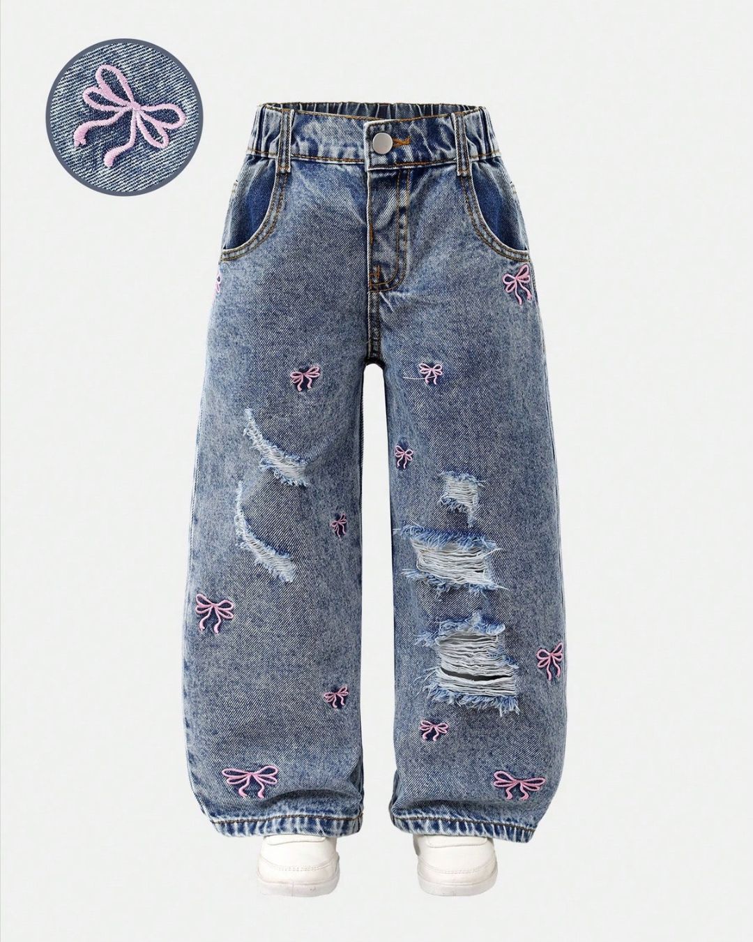Young Girls Pink Bows Embroidered Washed Light Blue Denim Jeans | 4Y - 7Y