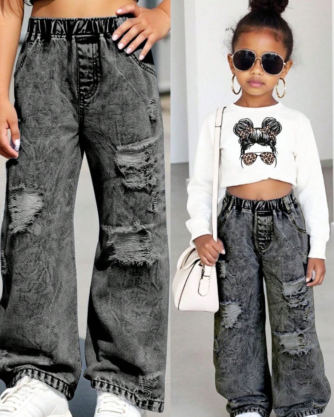 Young Girls Loose Y2K Black Ripped Jeans | 4Y - 7Y