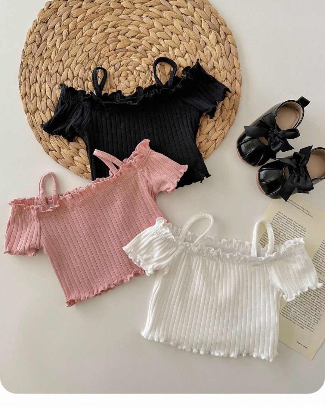 Baby Girls Casual Cute Simple Knitted Solid Off Shoulder Short Sleeve Tops | 6M - 3Y