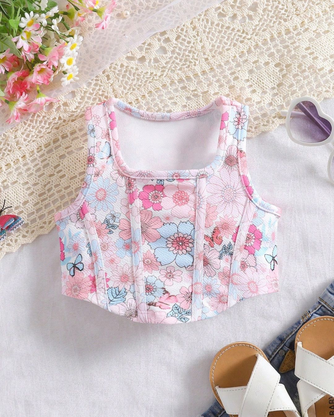 Baby Girls Knitted Floral Crew Neck Asymmetrical Hem Fitted Casual Tank Top | 6M - 3Y
