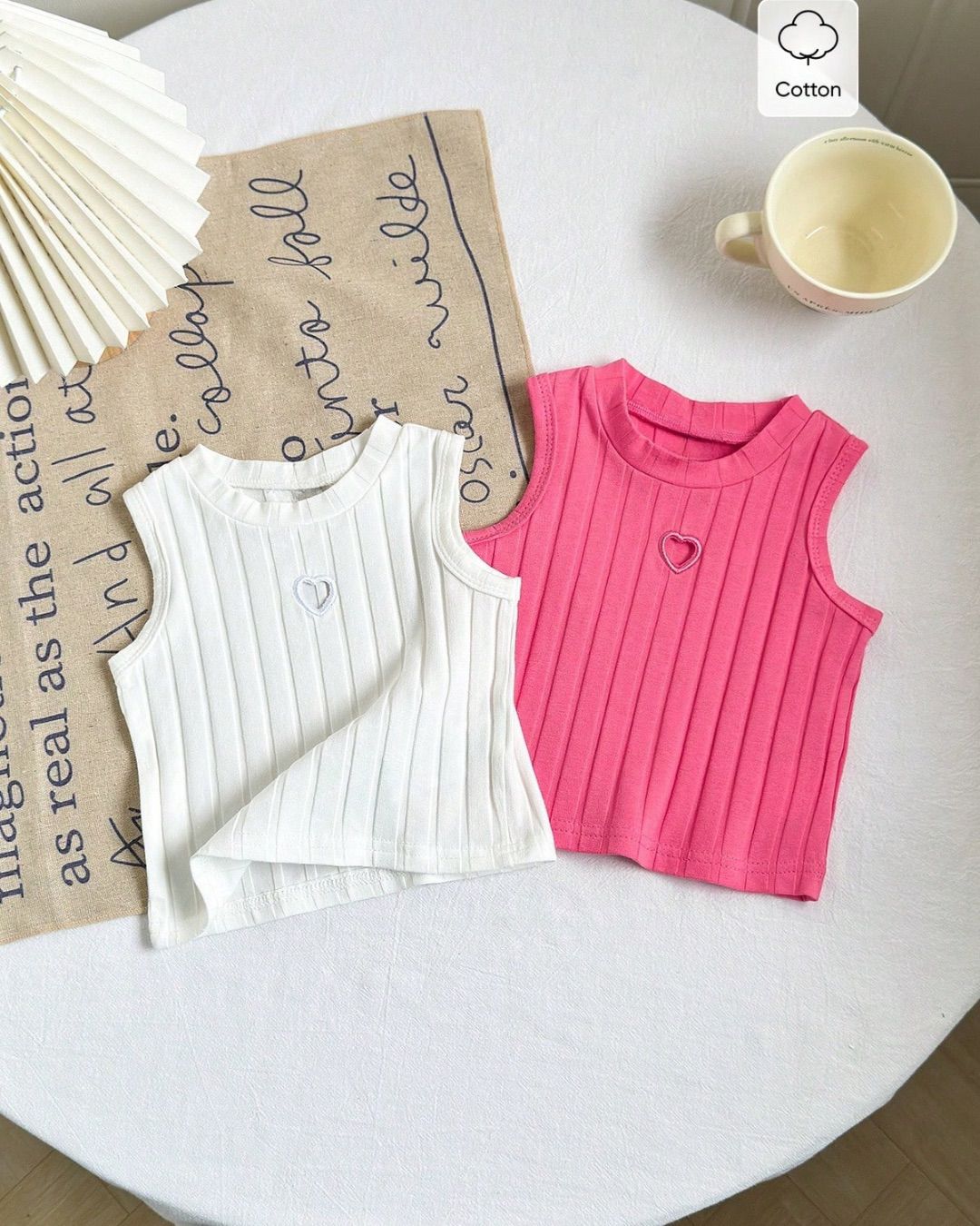 Baby Girls Basic Hollow Heart Round Neck Sleeveless Short Tee | 6M - 3Y