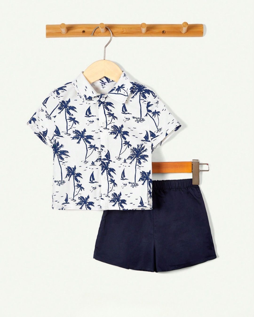 New Born Blue & White Tropical Printed Vacation Tee & Solid Blue Short Set | 0-1M