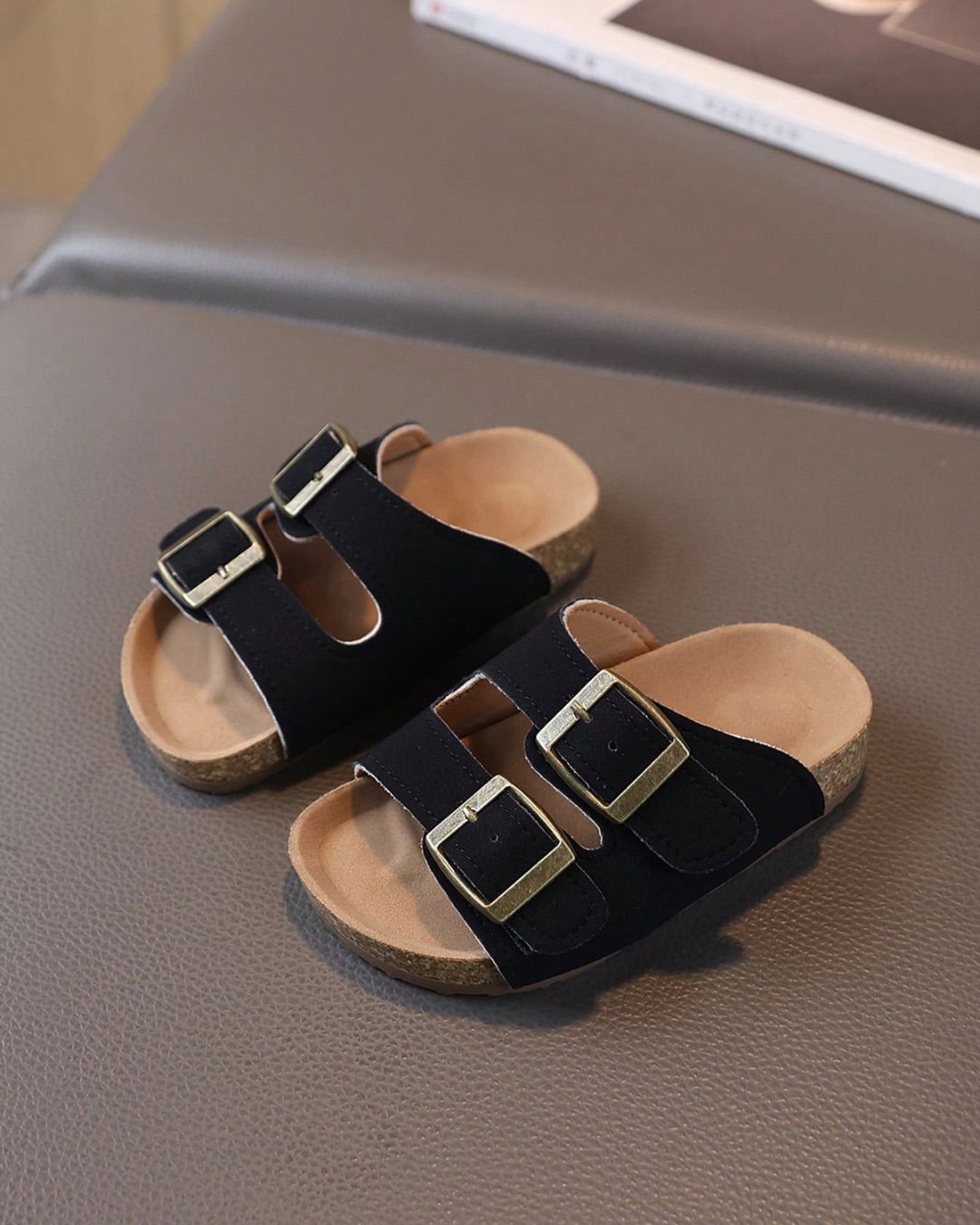 Black Double Buckle Cork Footbed Slide Sandals