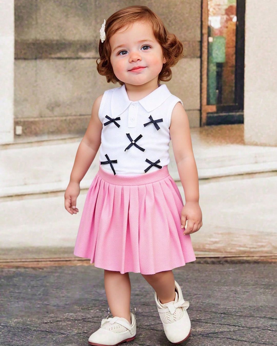 Baby Girls White Bow Top & Pink Skirt | 6M - 3Y