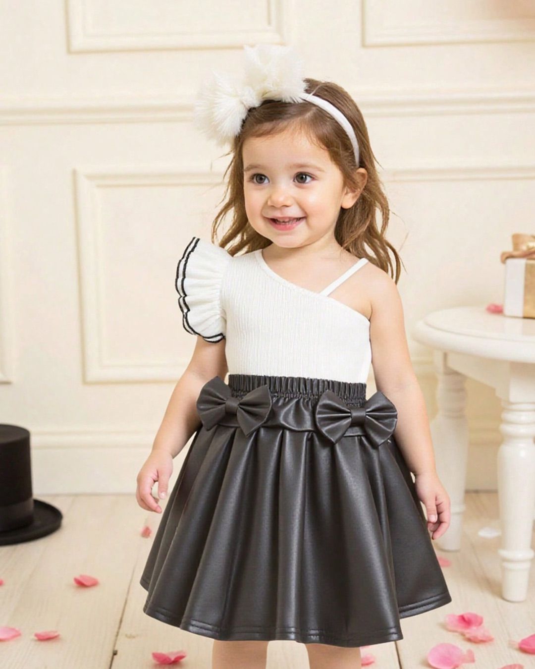 Baby Girls Asymmetrical Neck White Knitted Camisole Top & Black Leather Skirt Set | 6M - 24M
