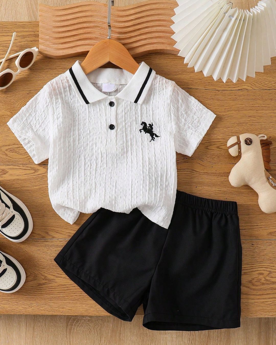 Young Boys Casual Horse Embroidered Collared Tee & Black Shorts Set | 4Y -7Y