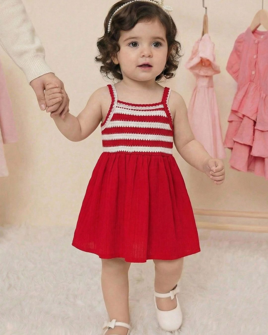 Baby Girls Red & White Striped Dress | 3M - 3Y