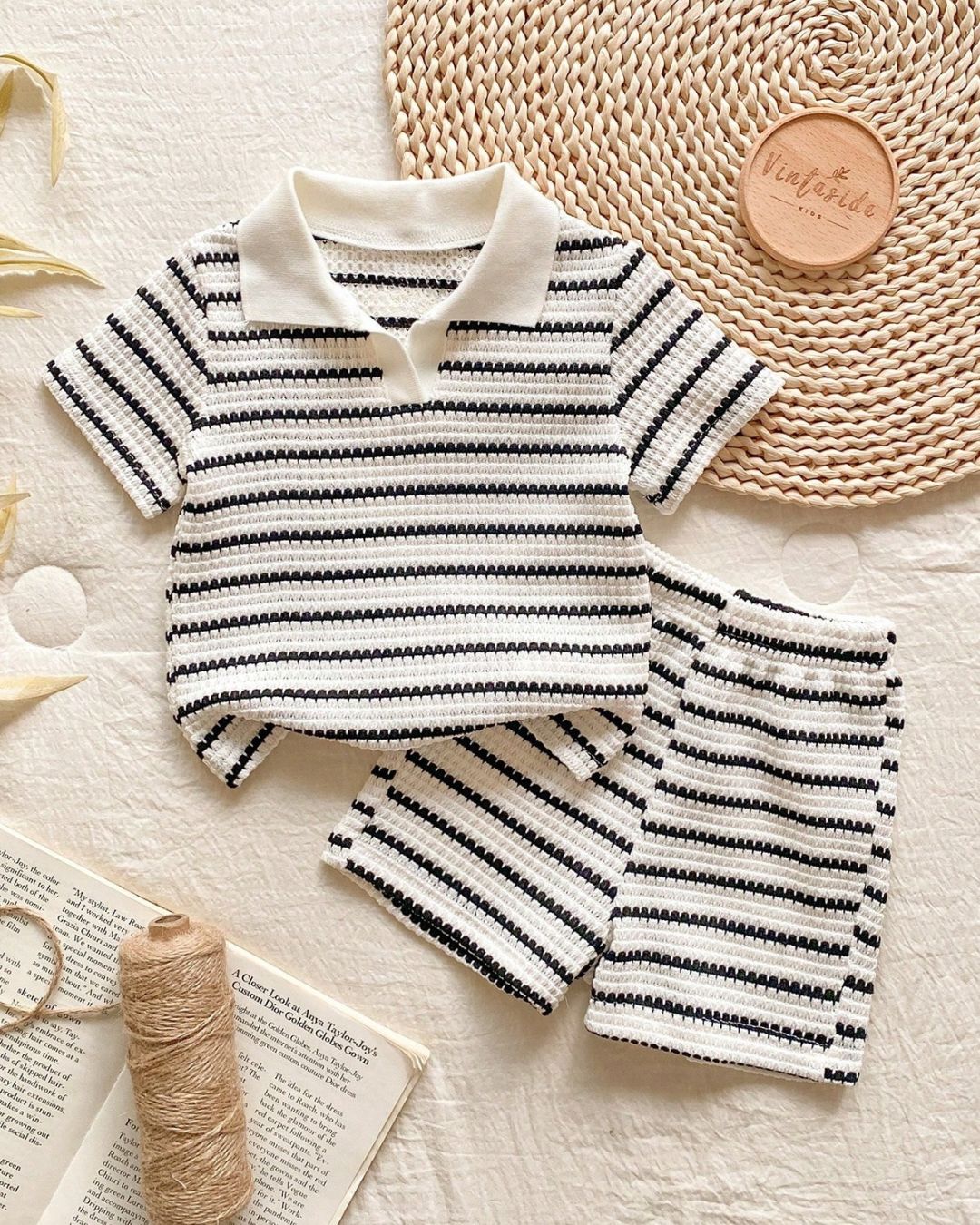 Baby Boys Black & White Striped Knit Top & Shorts Set | 6M - 3Y