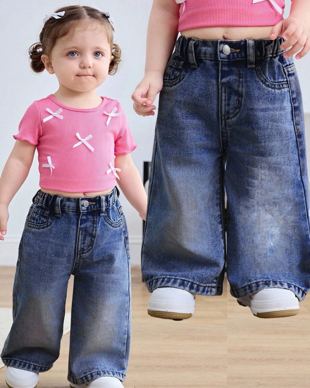 Baby Girls Washed Blue Wide Leg Denim | 6M - 24M