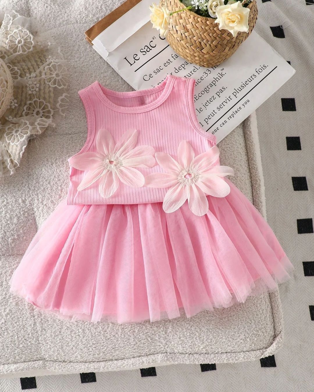 Baby Girls Pink Flower Decoration Sleeveless Top & Wesh Short Skirt Set | 6M - 3Y