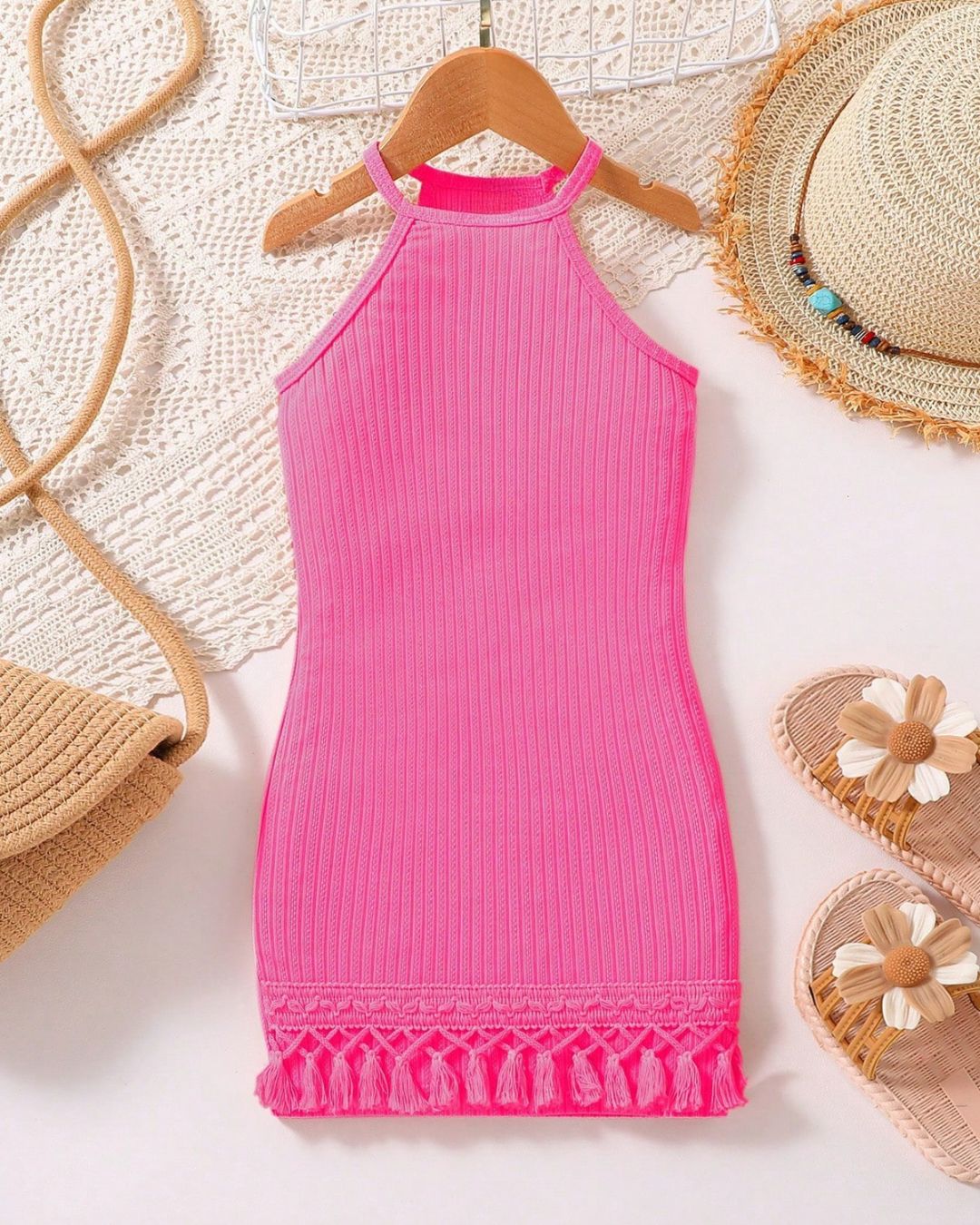 Young Girls Frill Trim Halter Neck Ruffle Hem Dress | 4Y - 7Y