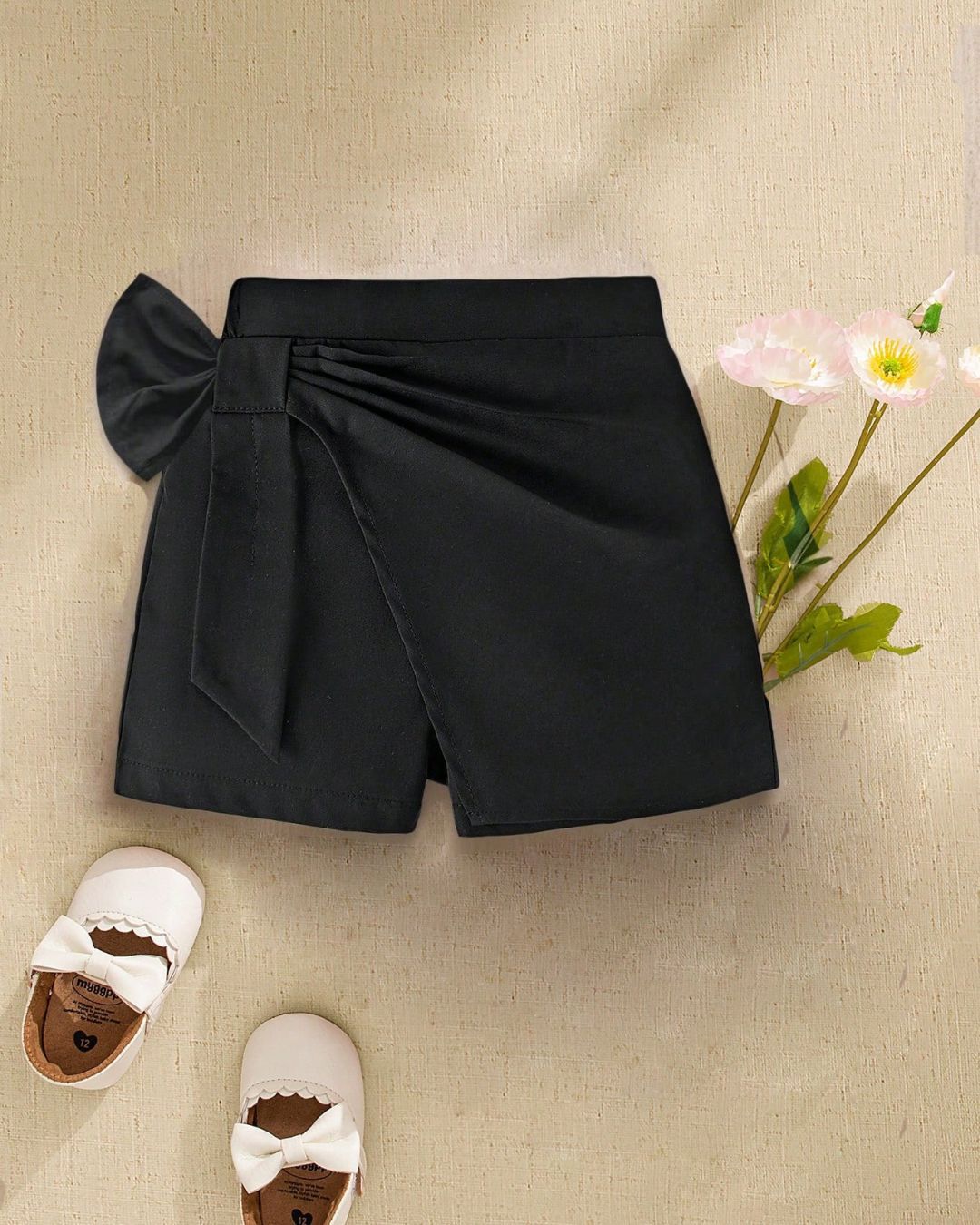 Baby Girls Simple Solid Black Bow Skort | 6M - 3Y