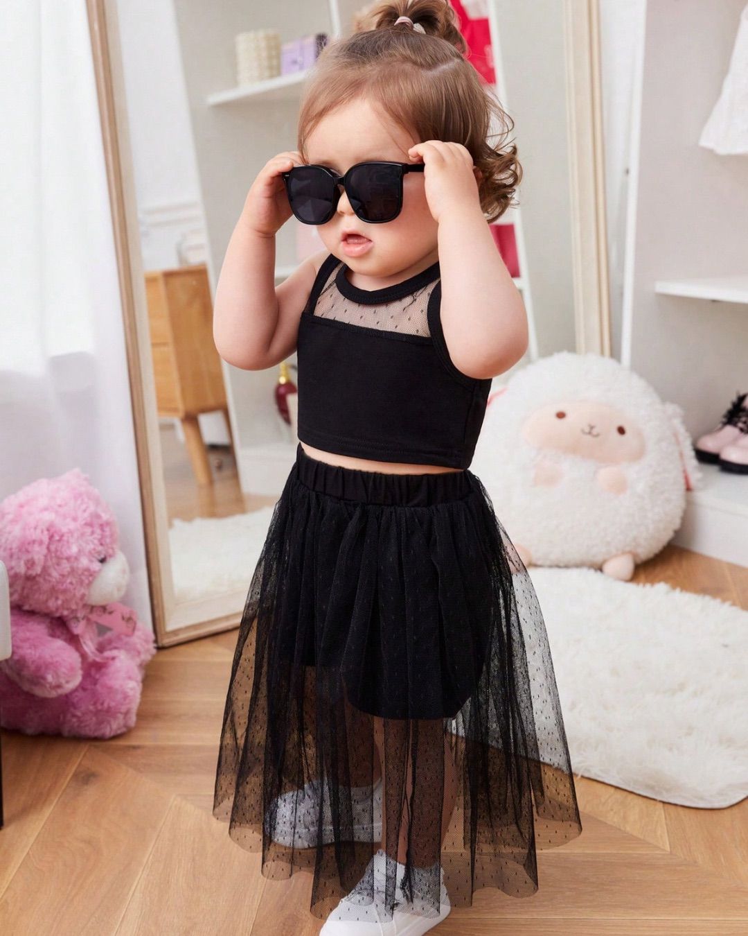 Baby Girls Mesh Black Tank Top & Mesh Overlay Shorts Set | 6M - 3Y