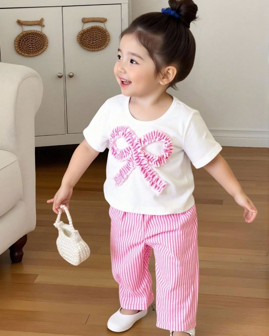 Baby Girls Casual Striped Bow T-Shirt & Striped Pants Set | 3M - 3Y