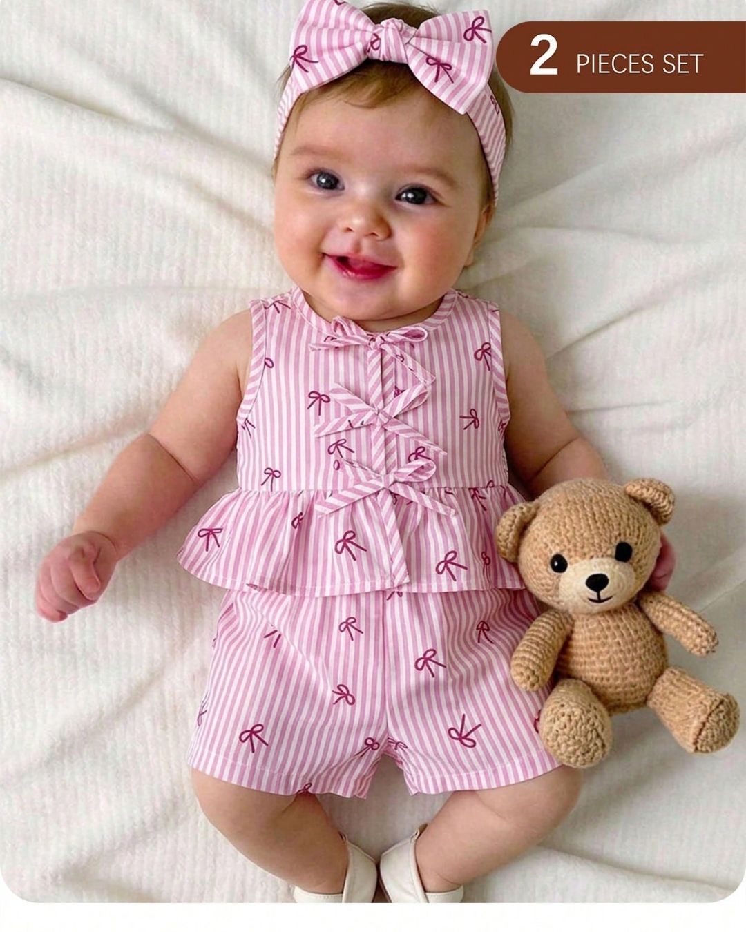 BB Newborn Casual Cute Pink & White Striped Bow Decor Tank Top & Shorts Set