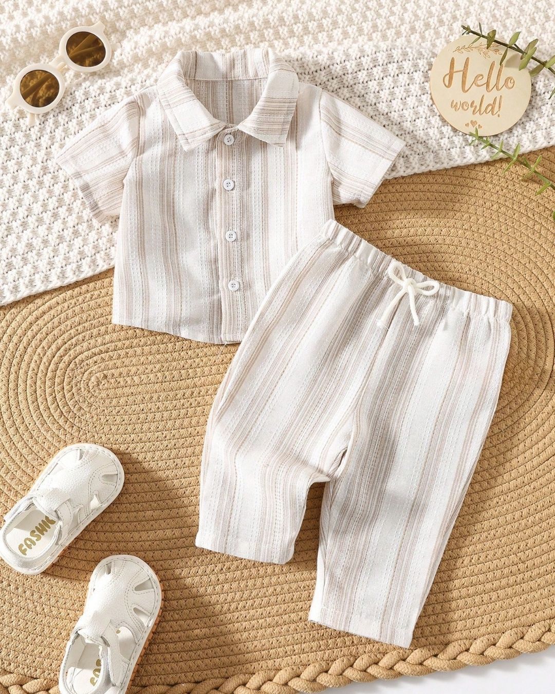 BB Newborn Casual Striped Short Sleeve Shirt & Elastic Waist Pants Set