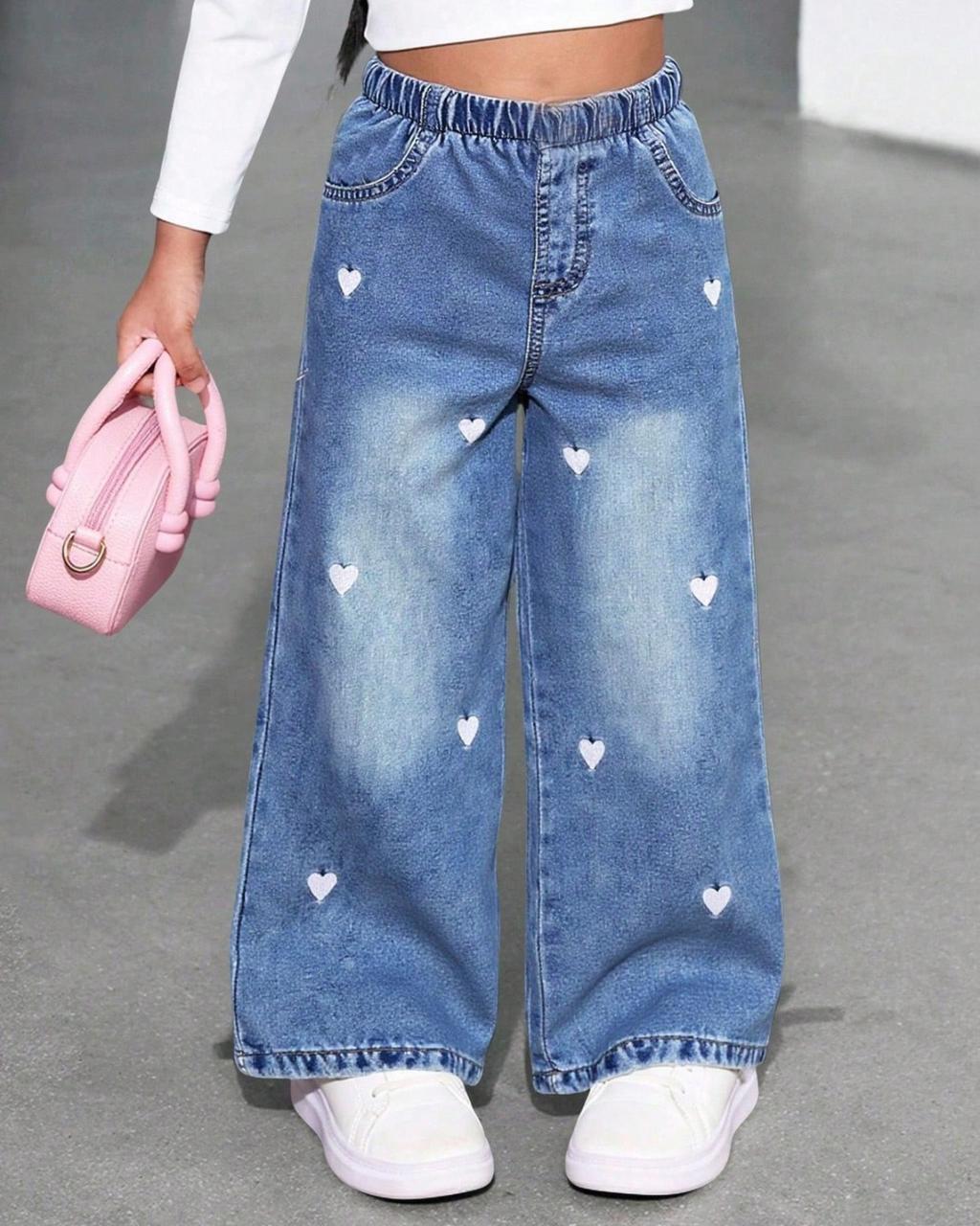 Young Girls Y2K Style Heart Embroidered Washed Light Blue Straight Wide Leg Jeans | 4Y - 6Y