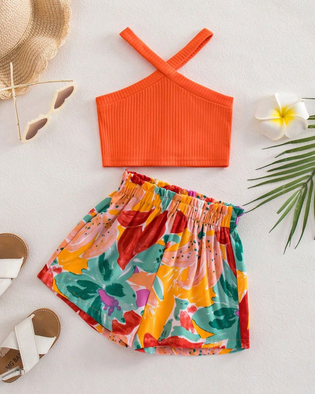 Baby Girls Casual Knit Ribbed Criss-Cross Cami & Tropical Floral Pattern Shorts Set | 6M - 3Y