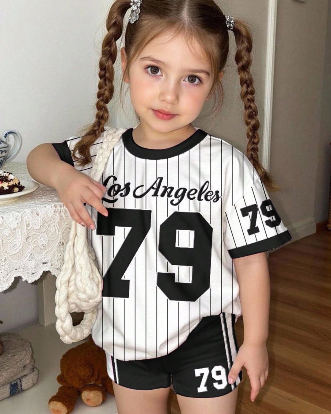 Baby Girls Casual Loose Fit B&W 79 Tee & Cycling Shorts Set | 6M - 3Y
