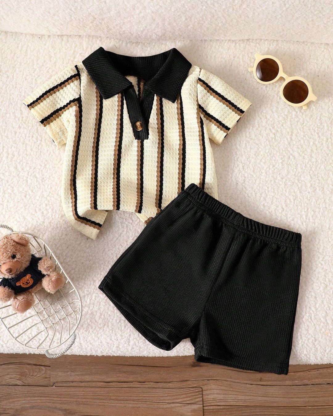 Baby Boys Black & Khaki Striped V-Neck Short Sleeve Top & Solid Color Shorts Set | 6M - 3Y