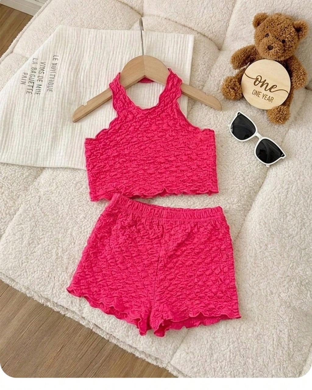 Baby Girls Hot Pink Textured Halter Tank Top & Elastic Waist Shorts Set | 6M - 3Y
