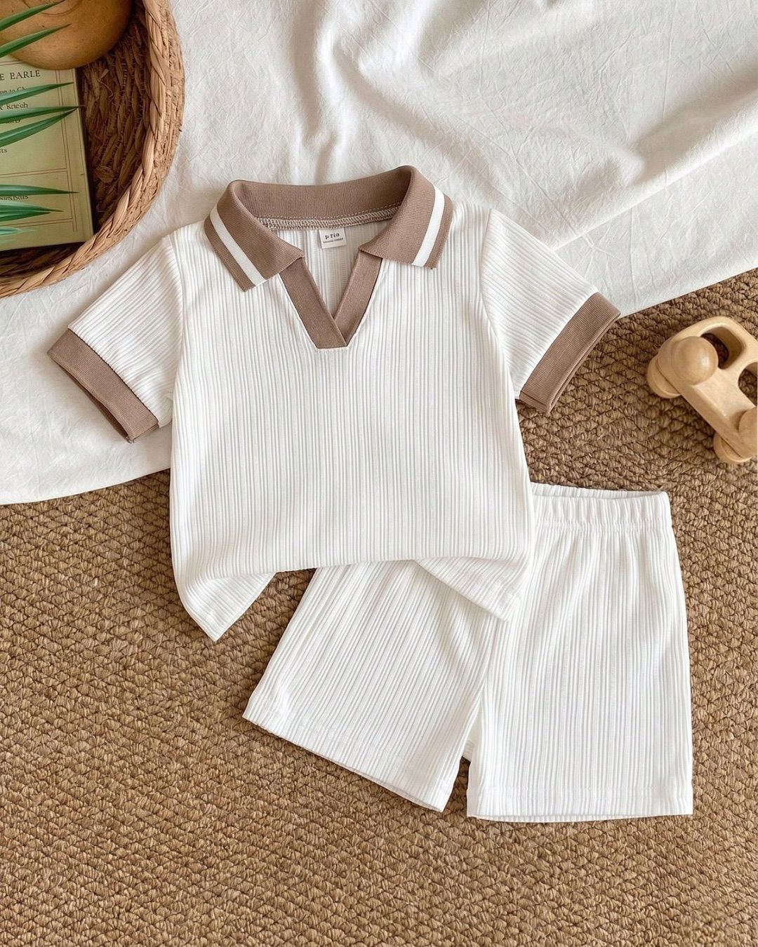 Baby Boys Off-white & Brown Short Sleeve Shirt & Shorts Set | 6M - 3Y
