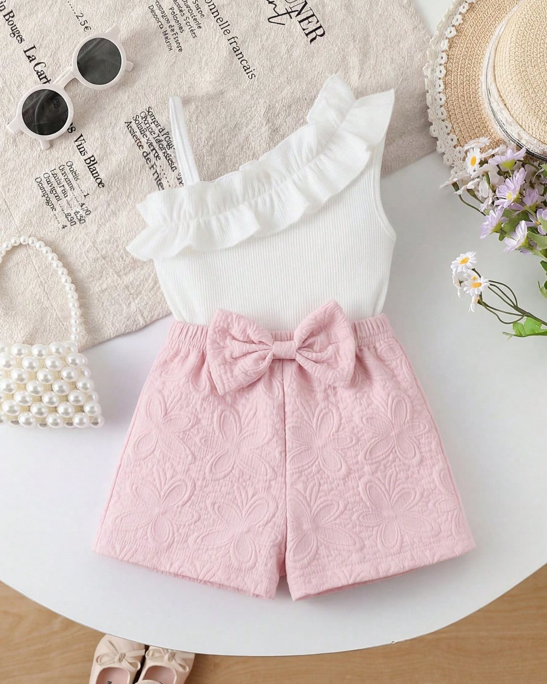 Baby Girls Asymmetrical Shoulder Ruffle Top & Floral Bow Shorts Set | 6M - 3Y