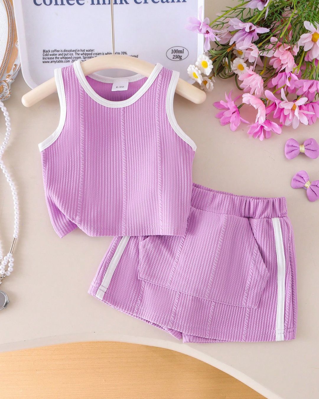 Baby Girls Purple Rib Knitted Tank Top & Shorts Set | 6M - 3Y